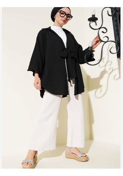 Lovie Moda Kadın Ön Bağcıklı Kimono Siyah