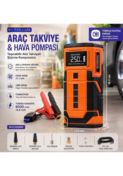 Kalemhane Taşınabilir Dijital Akım Kotumalı Hava Kompresörü Ve Powerbank 8000mah