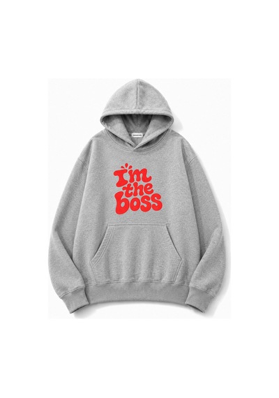 Herkesemoda Yazı Baskılı Kapüşonlu 2 İplik Şardonlu Sweatshirt Gri