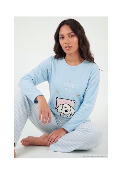 Lela Çizgili Yumuşak Kışlık Polar Pijama Takımı Kadın Pijama Takımı 6575030 Mavi