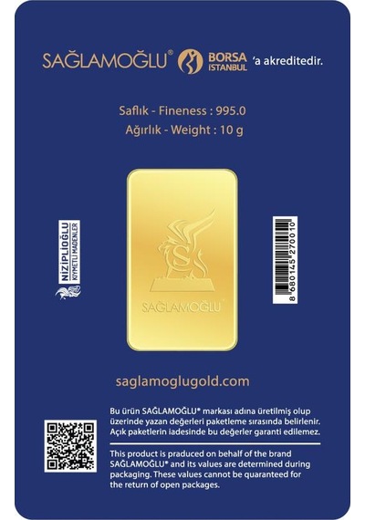 10 Gram Külçe Altın 24 Ayar 995,0 / 999,9 Saflık Rafineri Ambalajlı, Seri Numaralı