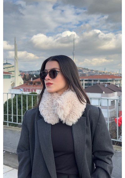 Mollycrush Suni Kürk Yumuşak Boyunluk Premium Mıktanıslı Kışlık Kadın Bej Peluş Boyunluk Bej