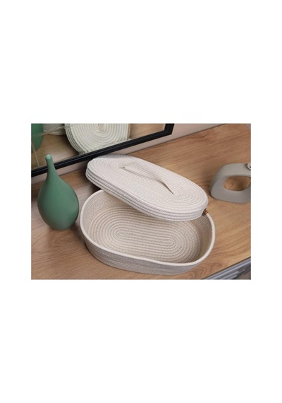 Hasır Jüt Sepet Oval Kapaklı Organizer Düzenleyici 30x20x10 Cm Ekru Ekru