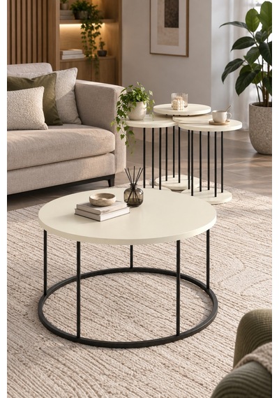 Sulorahome Siyah Metal Ayaklı Krem Bej 4'lü Sehpa Seti Beyaz - Wenge