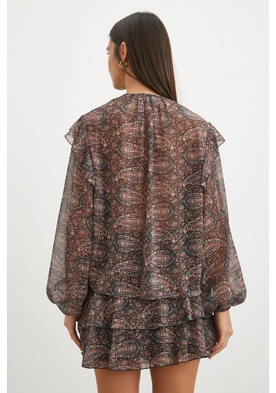 Uterpe Paisley Desenli Fırfırlı Gömlek Siyah