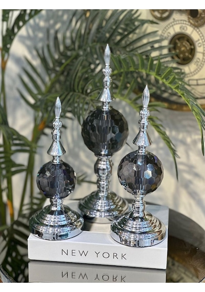 Elta Collection Büyük Boy Gümüş 3 Lü Dekoratif Alem Renkli Dekorlu Kristal Top Küre & Obje Aksesuar