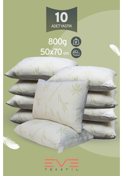 Eve Tekstil 10 Adet Bamboo Serisi Kılıflı Fermuarlı Yıkanabilir Antialerjik Silikon Elyaf Yastık 50x70cm 800 Gr Yeşil