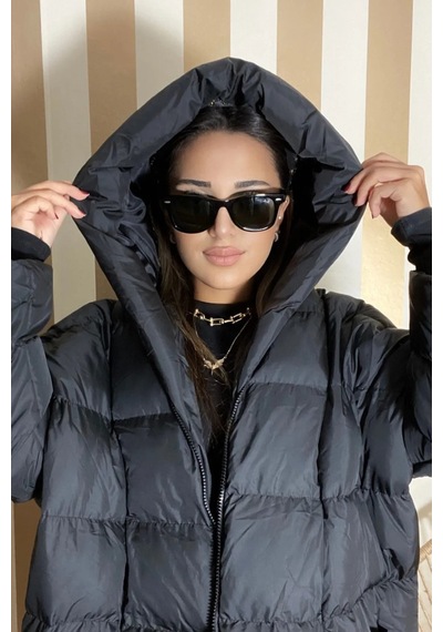 La Querta Kadın Siyah Kapüşonlu Şişme Uzun Oversize Mont Qaq1 Qaq1
