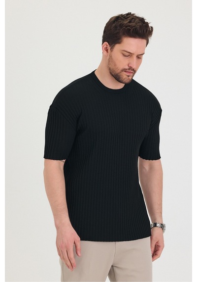 Tarz Cool Erkek Bisiklet Yaka Fitilli Kısa Kollu Ince Triko T-shirt Siyah