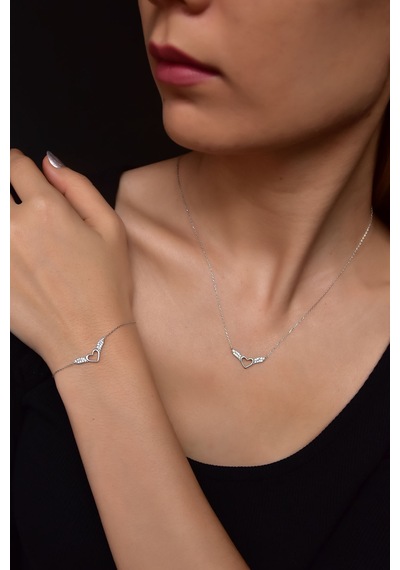 Papatya Silver 925 Ayar Gümüş Rodyum Kaplama Kalp Kanat Kolye ve Bileklik Set