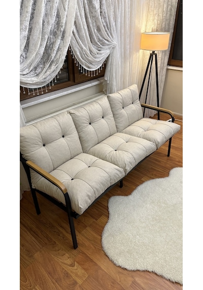 Modern Style Home Modern Avcılar Balkon, Bahçe, Cafe - Metal Kanepe Koltuk Takımı 3 Lü Krem Modernk040 Krem