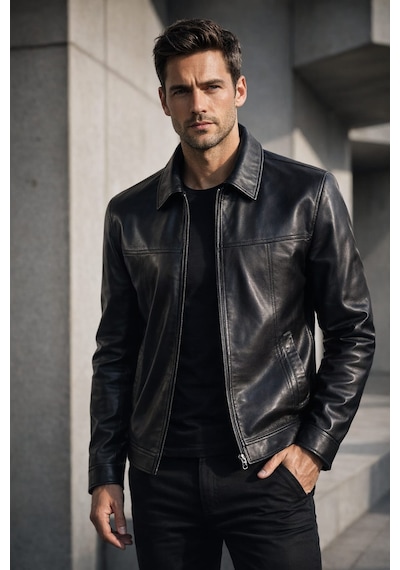 Erkek Hakiki Deri Ceket Siyah Hakim Yaka Premium Slim Fit Gerçek Deri Mont Üretici Garantili