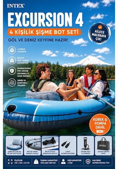 Excursion 4 Şişme Bot Seti 4 Kişilik Kürekli - Pompa Balıkçı Ve Gezi Botu 315x165x43 Cm