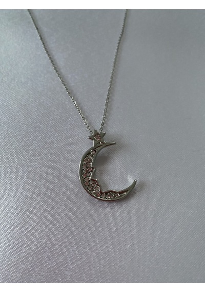 Ay Figürlü Mini Yıldız Detaylı Kolye Gümüş Renk Mor