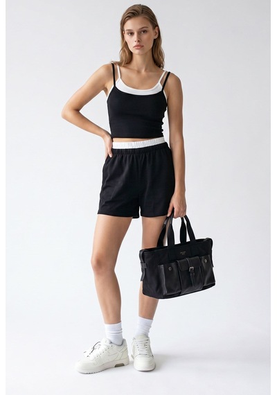 Mixray 2151 Kadın Biye Detaylı Askılı Crop Top Şort Takım Siyah