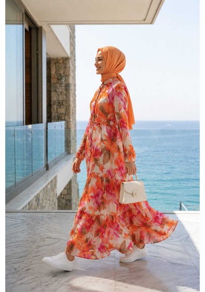 Hb Harma Time Butik Kadın Düğmeli Desenli Modal Kumaş Turuncu Elbise Orange Orange