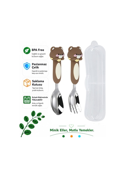 Ayıcık Figürlü Premium Çocuk Bpa Free Paslanmaz Çelik Uçlu Çatal-kaşık Set 12+ Ay