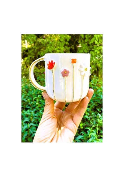24 Ayar Altın Detaylı Ilkbahar Çiçek Kabartmalı 450 Ml El Yapımı Mug Spring Flower Diğer