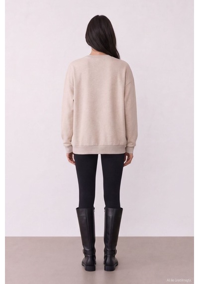 Quzu Baskı Nakış Detaylı Sweatshirt Bejmelanj Bej