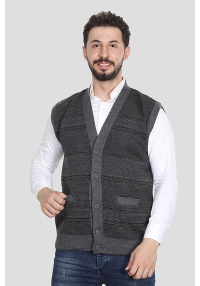 Kzc Tekstil Erkek Baba Orta Yaş Ve Üzeri Triko Örgü Akrilik Kışlık Kalın Dokulu Düğmeli Cepli Baba Yelek Gri
