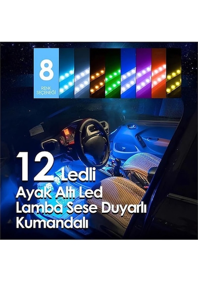 Araç İçi Ayak Altı Müziğe Ve Sese Duyarlı 12 Ledli Rgb Renkli Kumandalı Led