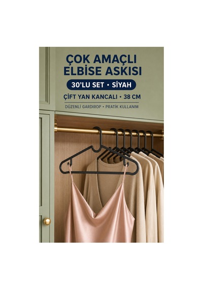 Evi Ev Gereçleri 30 Lu Çok Amaçlı Elbise Askısı Çift Yan Kancalı Pantolon Ve Elbise Askısı 38 Cm Siyah