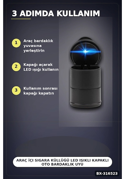 Araç İçi Sigara Küllüğü Led Işıklı Kapaklı Oto Bardaklık Uyumlu Kül Tablası Bx-316523