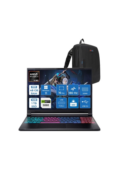 Acer Nitro 16S AI AN16S-61-R5E5 NH.QXUEY.001P13 Ryzen AI 9 365 48 GB 1 TB SSD RTX5060 16" W11P Dizüstü Bilgisayar + Çanta