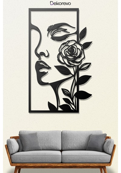Kadın Ve Gül Metal Duvar Tablosu - Metal Duvar Sanatı - Siyah - 30 X 50 Cm