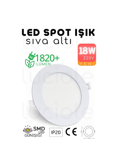 18w Slim Led Spot 3200k Günışığı Işık, 1820 Lümen, Beyaz Kasa, 22 Cm, 220v, 15000 Saat Ömür