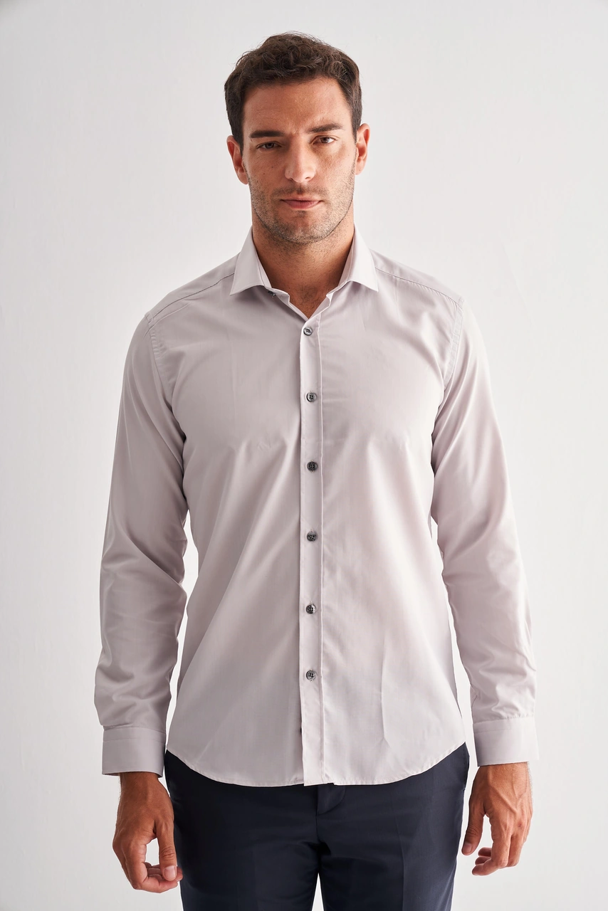 İmza Taş Rengi Yarım İtalyan Yaka Uzun Kol Easy To Iron Slim Fit Pamuklu Gömlek 1004255301 - Taş Rengi