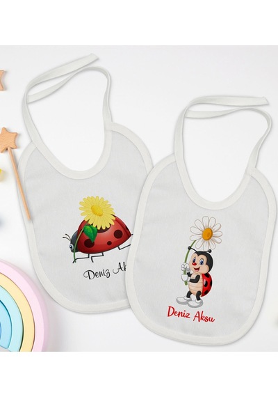 BK Kids Kişiye Özel Uğur Böceği Tasarımlı 2’li Beyaz Mama Önlüğü- Beyaz