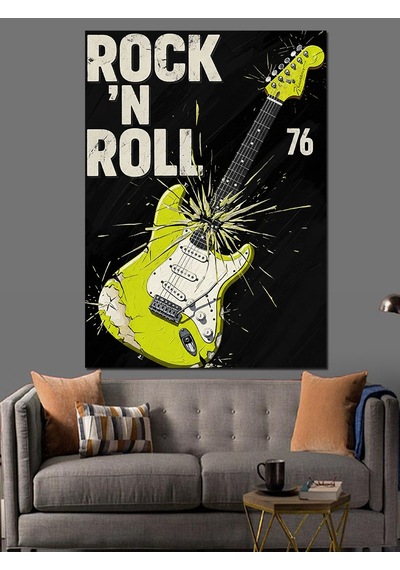Ahşap Tablo Neon Yeşil Elektrogitar Rock'n Roll Afişi
