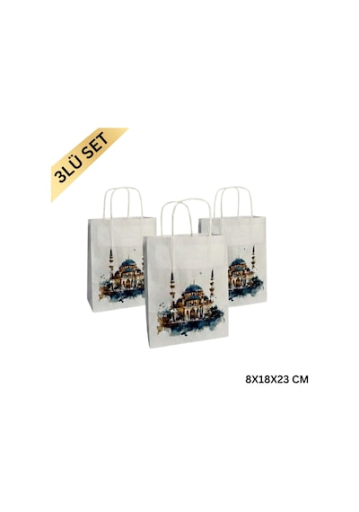 Ramazan Hediyelik Paketleme Çantası, 3lü Paket, Cami Tasarımlı Be