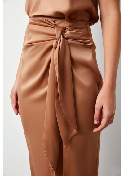 Sateen Yırtmaçlı Saten Etek - Camel