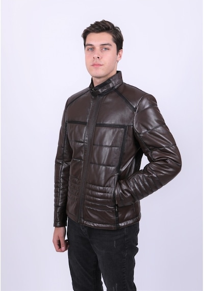 New Zaya Leather Erkek Hakiki Deri Şişme Deri Ceket Kahverengi