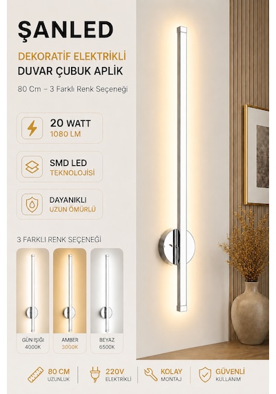 Dekoratif 20w İç Mekan Krom Kasa 3 Renkli Işık Elektrikli 80 Cm Duvar Aplik