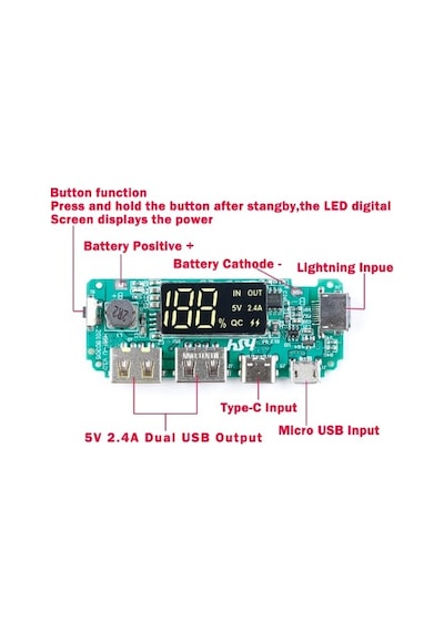 Powerbank Çift Usb 5v 2.4a Ledli Micro Usb Ve Type-c Modülü