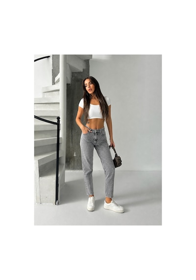 Bluemarlin Gri Kar Yüksek Bel Ön Bacak Taşlı Mom Jeans Kot Pantolon Gri Kar