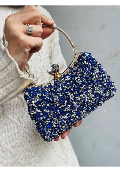 Çanta Trend Saks Mavi Kristal Taşlı Süet Kadın 2 Askılı Zincir Detaylı Kadın Abiye Çanta Saks Mavi
