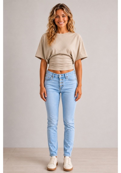 Overmax Bele Oturan Oversize Kollu Premium Crop Bluz Bej - 880759104 Bej