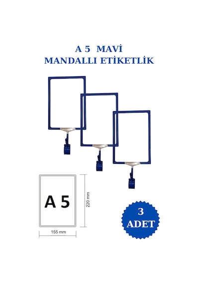 3 Adet Mavi A5 Mandallı Raf Sepet Etiketi Çerçeveli Etiketlik Mavi