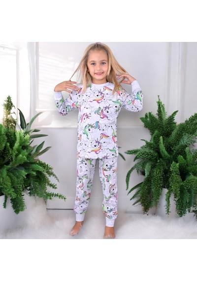 Kız Çocuk Gri Melange Üzeri Çok Renkli Sevimli Efsanevi At Desenli Basic Pijama Takımı 2 Parça Gri Melanj