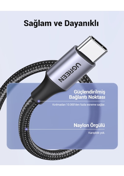 Ugreen Usb-c - Usb-a 3a Qc Örgülü Hızlı Şarj Kablosu, 1 M, Siyah, 60126