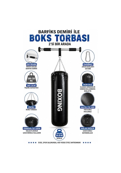 Spor Byfit 70 Cm x 25 Cm Boks Kum Torbası Ve Barfiks Demiri Siyah