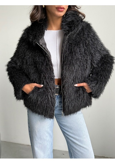 Verymoda Yapay Kürk Kadın Ceket Fermuarlı, Yumuşak Dokulu Modern Kışlık Mont F2037 Siyah