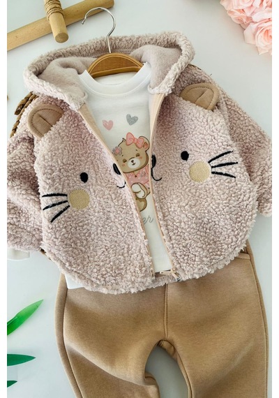 Minigimin Cicileri Kedi Figürlü Peluş Ceketli, Baskılı Tişörtlü Ve Fırfır Paçalı Kız Bebek 3 Lü Takım - Bej Minigimin Cicileri Kedi Figürlü Peluş Ceketli, Baskılı Tişörtlü Ve Fırfır Paçalı Kız Bebek 3 Lü Takım - Bej