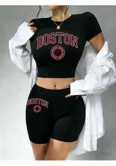 Tarzsokak Yazlık Boston City Us 1630 Baskılı Babby Teetişört Şort Kadın İki Parça Takım Üst Pantolon Dar Ke Siyah