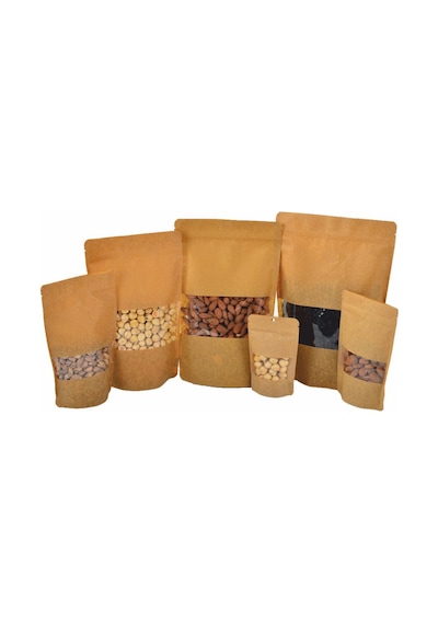 Doypack Orta Boy Pencereli Kraft Delikli Kilitli Kese Kağıdı 20'li 13 x 22 x 7 CM