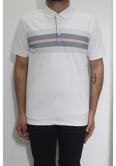 Santa Dmctekstil Erkek Desenli Spor Kesim Rahat Kalıp Polo Yaka Düğme Kapamalı T-shirt Beyaz